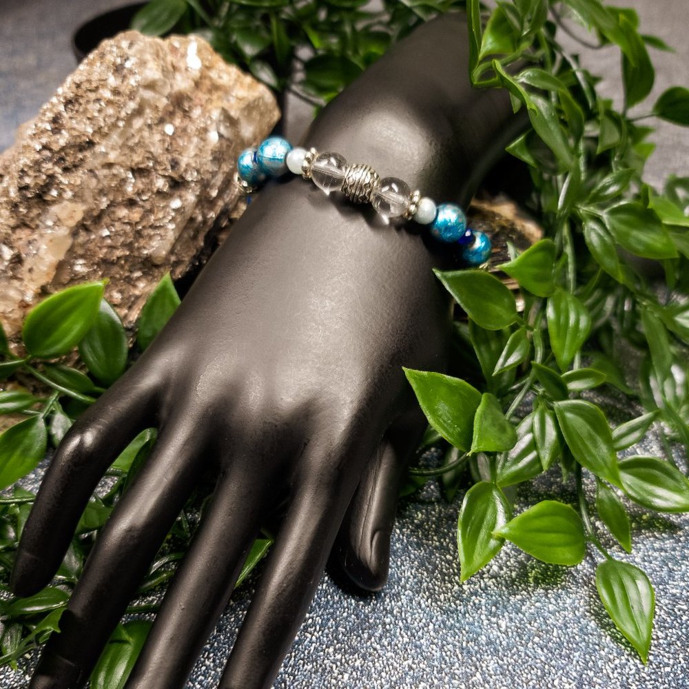 Blue Painted Glass Crystal and Quartz Bracelet